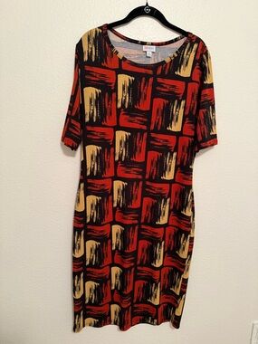 LuLaRoe Julia Midi Dress in Red/Rust Gold & Black Abstract Brushstroke XL